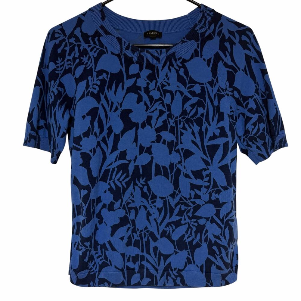 TALBOTS Floral Lightweight Knit Sweater Top Blue Black Size Small Short Sleeve
